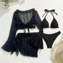 New Sexy Four-Piece Lace And Mesh Bikini. - Black - View 12