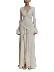 Long-Sleeved Dress With Lace Trim, Flared Sleeves And Floating Ribbons, Fitted Cut And Elegant Style. - 白色 - 查看 7