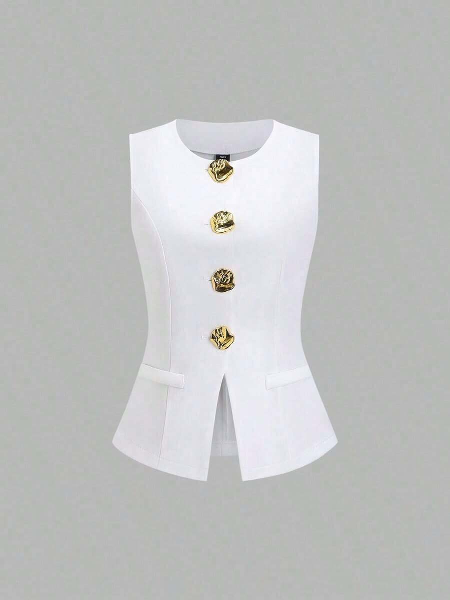 Tall Chaleco sin mangas minimalista básico de metal grande para mujeres altas - Blanco - Ver 1