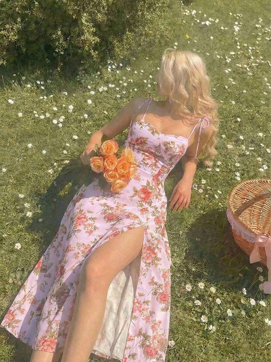 Vestido de tirantes bustier unicolor de muslo con abertura - Rosa - Ver 1