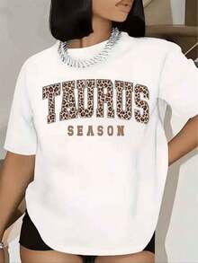 Women's T-Shirt Taurus Season Leopard Print Graphic Text Short Sleeve Round Neck Casual Streetwear Fashion Zodiac Sign Celebration T-Shirt Party Outfits 220g - 白色的 - 查看 1