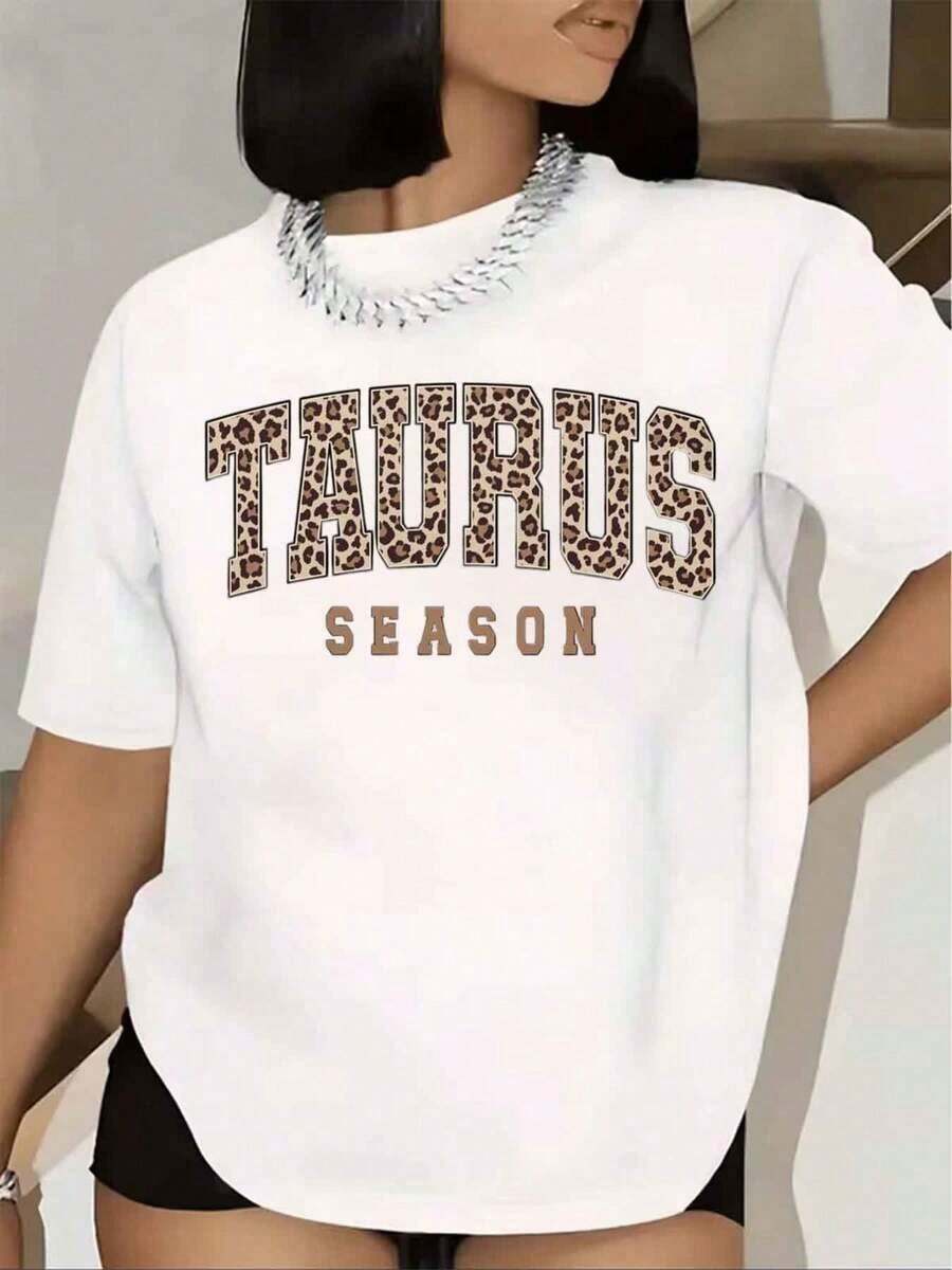 Women's T-Shirt Taurus Season Leopard Print Graphic Text Short Sleeve Round Neck Casual Streetwear Fashion Zodiac Sign Celebration T-Shirt Party Outfits 220g - 白色的 - 查看 1