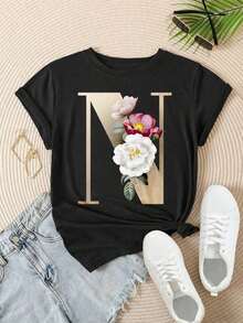 Women's Casual Short Sleeve T-Shirt - Gold Letter N Print With Floral Arrangement, Round Neck, Summer Top, Machine Washable, Ladies' T-Shirts, Casual Wear, Modern Style, Comfortable Fit

-White Blouses For Women Shirt - 黑色 - 查看 3