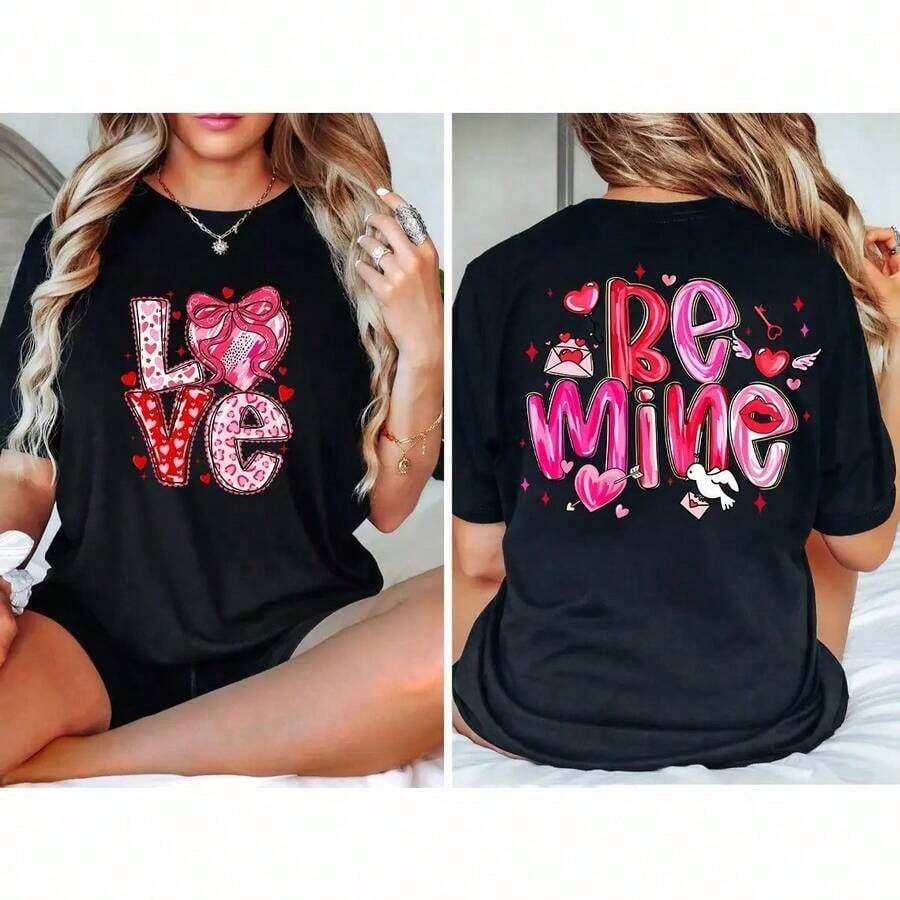 Double-Sided 100% Cotton Love T-Shirt With The Phrase "Cupid Says Be Mine," A Great Gift For Teens Who Want To Avoid Valentine's Day Pressure. Unisex Cotton Loose-Fitting Short-Sleeved Crew Neck T-Shirt With A Vintage Urban Style, Perfect For Summer Wear. - 黑色 - 查看 1