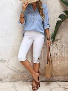 Camisa Vaquera De Manga Larga Con Cuello Con Muescas Para Mujer - Azul - Ver 7