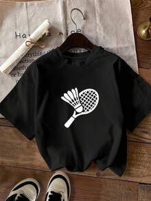 Women's Short Sleeve T-Shirt With Round Neck And Badminton And Badminton Racket Print - Black - View 1