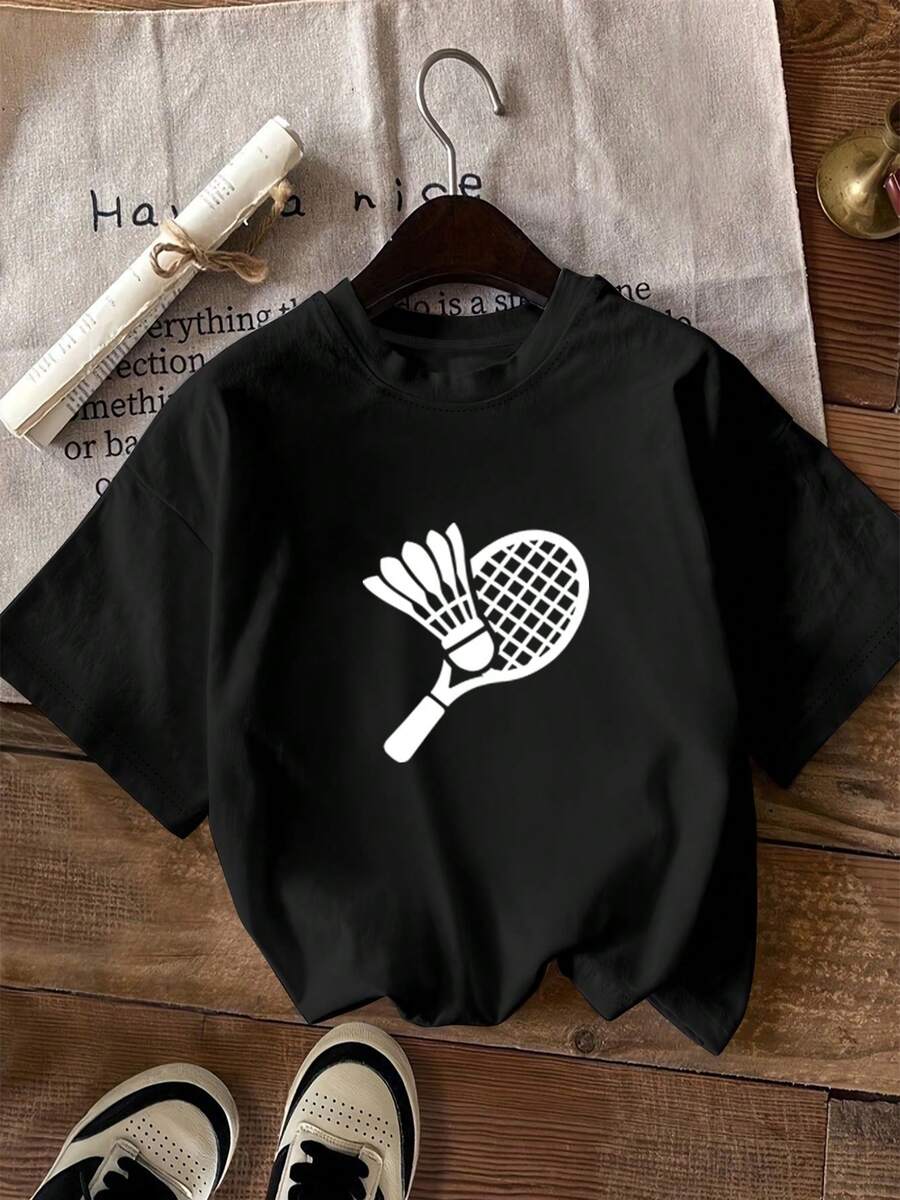Women's Short Sleeve T-Shirt With Round Neck And Badminton And Badminton Racket Print - Black - View 1