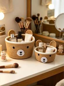 2pcs Woven Storage Baskets, Cartoon Bear Ear Decor Home Organizer Boxes, Handmade Hallway/Desktop Catchall Baskets - Multicolor - View 3