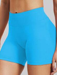 Pantalones cortos de yoga sin costuras de cintura alta para mujer - Levantamiento de glúteos elástico, adecuado para correr, fitness y actividades al aire libre| Apariencia de moda| Tela elástica de verano - Agua verde azul - Ver 9