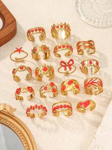 4/6/12/16pcs Stainless Steel 18K Gold Plated Mixed Pattern Rings Set, High Quality With Red Resin Inlay, Various Shapes Adjustable Rings In Blind Bag, Suitable For Women's Daily Decoration Or Gifts - Yellow Gold - View 2