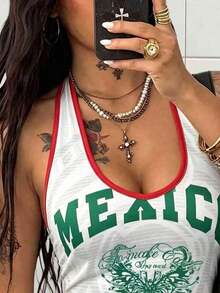 Top corto de punto estilo México para la Copa Mundial 2026, con gráfico de letras de fútbol, atuendo casual de playa y verano en color blanco - Blanco - Ver 3