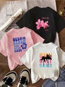 Camiseta de mujer modelo 2026, pieza única, nueva camiseta de mujer estilo Y2K, camiseta casual de verano de manga corta, adecuada para chicas, diseño estampado inspirado en "Ocean Journey", hecha de algodón puro, corte holgado, tiene efecto adelgazante, entrega local disponible, lavable a máquina, top casual. - Negro - Ver 1