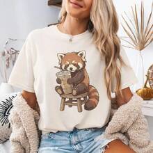 Iced Coffee Lover T-Shirt, Red Panda T-Shirt, Sleepy Animal T-Shirt, Cute Gift For Coffee Lovers, Aesthetic Clothing For Introverts, Cozy Graphic Blouses For Women > Shirt Blouses For Ladies - 白色 - 查看 8