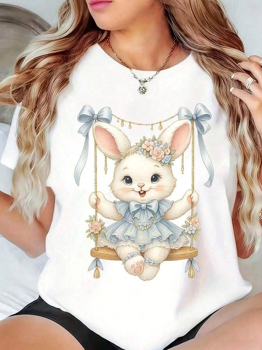 Women's Swing Bunny Print T-Shirt, Easter And St. Patrick's Day Design, Casual Summer Top With Floral Bow And Gold Chain Details - 白色 - 查看 1