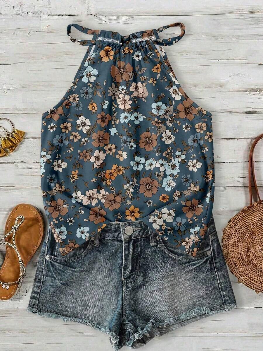 Camiseta de tirantes con cuello halter con estampado floral pequeño, adecuada para primavera y verano - Multicolor - Ver 1