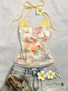 Top halter con estampado de frutas, diseño sin espalda, estilo casual de vacaciones, chaleco de 2 en 1 con bloques de color, adecuado para fiestas, citas, playas, carnavales y otras ocasiones, la elección perfecta para el verano.Top de playa, ro - Multicolor 8 - Ver 1