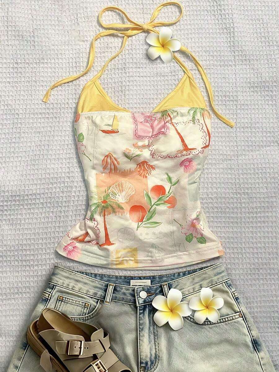 Top halter con estampado de frutas, diseño sin espalda, estilo casual de vacaciones, chaleco de 2 en 1 con bloques de color, adecuado para fiestas, citas, playas, carnavales y otras ocasiones, la elección perfecta para el verano.Top de playa, ro - Multicolor 8 - Ver 1