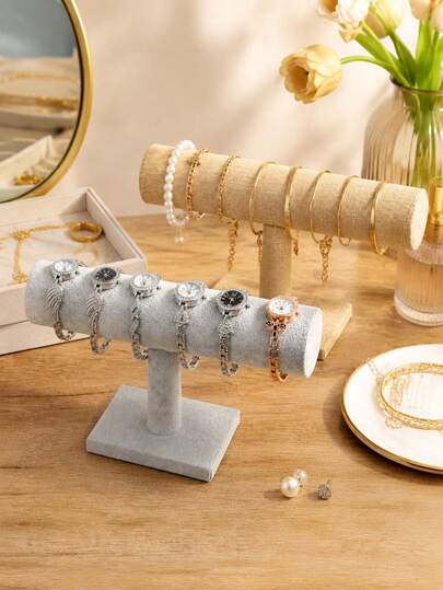 OBOVAY 1pc/2pcs T-Shaped Velvet Jewelry Display Stand, Multifunctional Single-Layer Bracelet Necklace Watch Storage Rack, Linen Velvet Desktop Organizer, Suitable For Headbands And Pendants Storage, Suitable For Home Desktop Decor, Jewelry Store Counter Display And Holiday Gifts