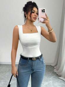 Camiseta sin mangas de verano ajustada de cuello cuadrado de unicolor elegante y casual para mujer - Blanco - Ver 1