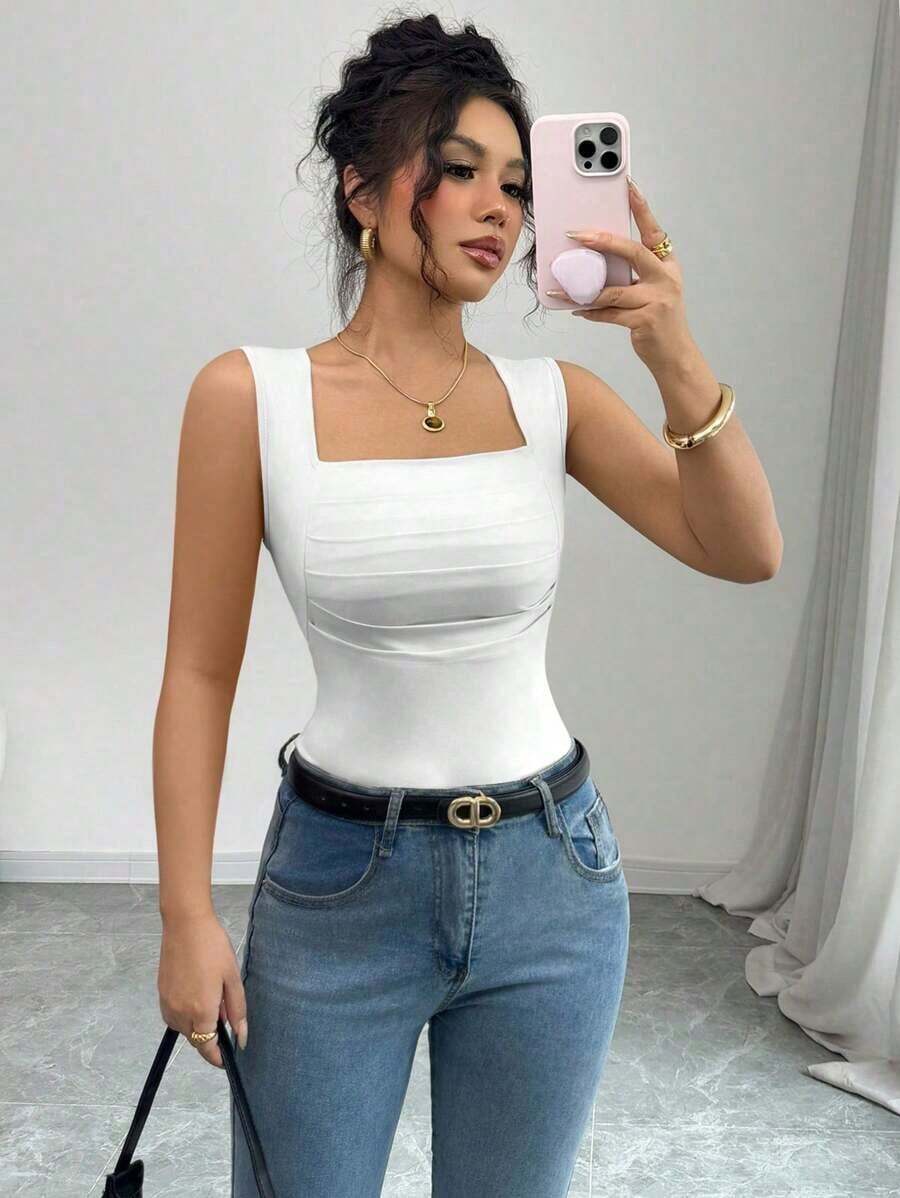 Camiseta sin mangas de verano ajustada de cuello cuadrado de unicolor elegante y casual para mujer - Blanco - Ver 1
