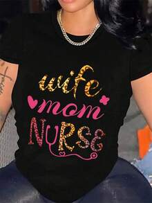 Women's Fashionable Cotton T-Shirt, Plus Size, With Creative Letter Print, Lint-Free, Short Sleeve, Round Neck, Outdoor Activity Clothing, Suitable For Fitness, Running And Daily Wear All Year Round. - 黑色 - 查看 8