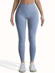 sin costuras de cintura alta de unicolor para uso diario, fitness y yoga para mujeres - Azul 2 - Ver 5