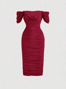 Vestido ajustado de hombros descubiertos fruncido lateral - Burdeos - Ver 5
