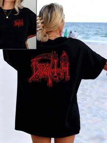Red Symbols Evoking A Burning Inner Strength And Spiritual Renewal Against A Light Background Represent Energy And Passion In Contrast To The Calm Surroundings. A Modern And Comfortable Women's T-Shirt With A Double Print, Perfect For Casual Wear. - 黑色 - 查看 8
