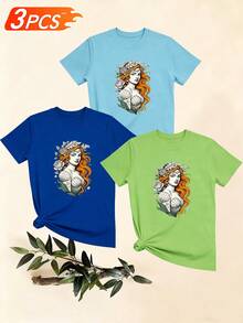 Women's T-Shirts, Women's T-Shirts, Women's Casual One-Piece Mermaid Print Crew Neck T-Shirt, Comfortable And Breathable Top For Everyday Wear. - 1件白色隨機圖案 - 查看 6