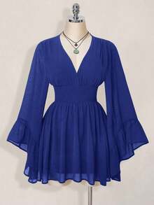 Navy Blue Solid Color Dress – Mini, Long Lantern Sleeve, Gathered Waist With Flared Skirt, Western Style For Spring And Summer - Blue - View 5