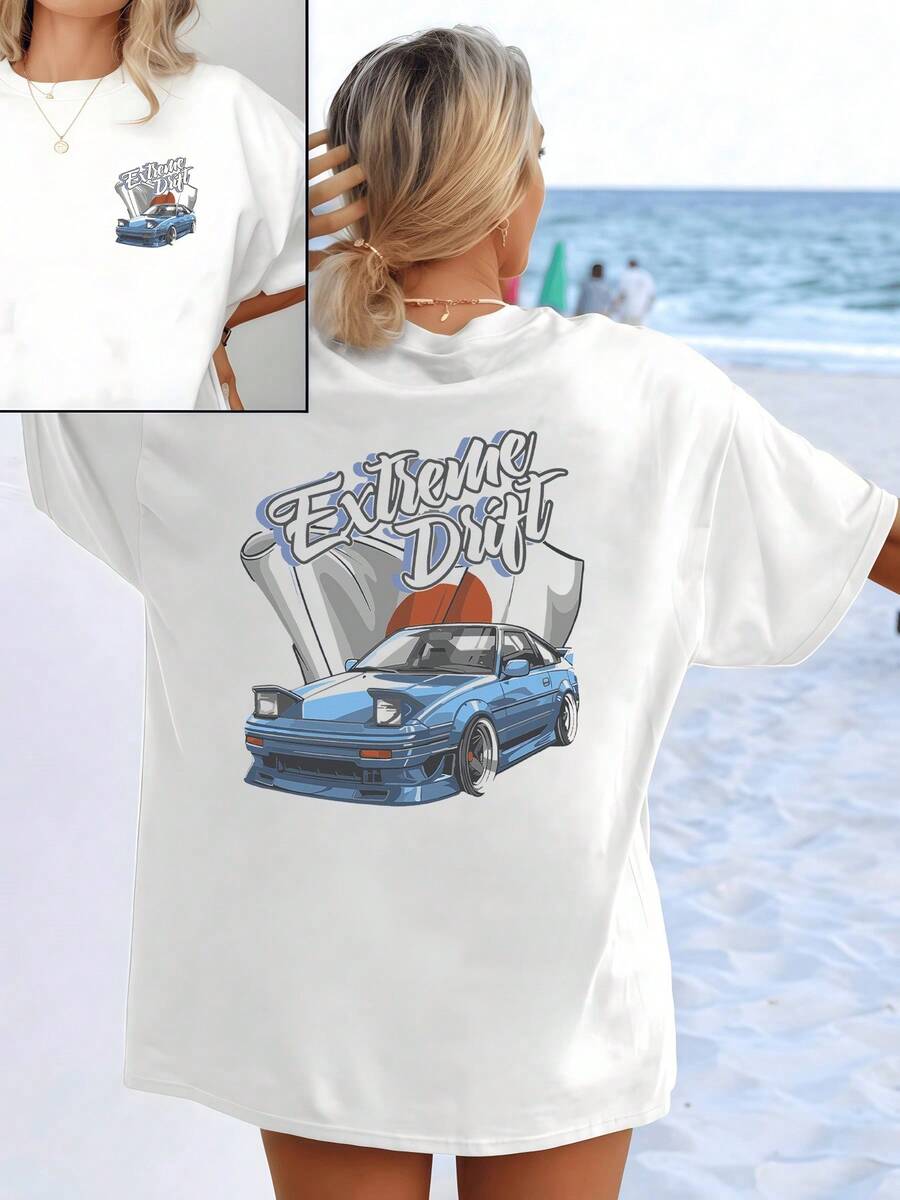 Blue Sports Car With Pop-Up Lights Symbolizing Speed, Freedom, And Street Energy Against A Exhaust Background. Women's T-Shirt With A Modern Casual Double-Print Print - 白色 - 查看 1