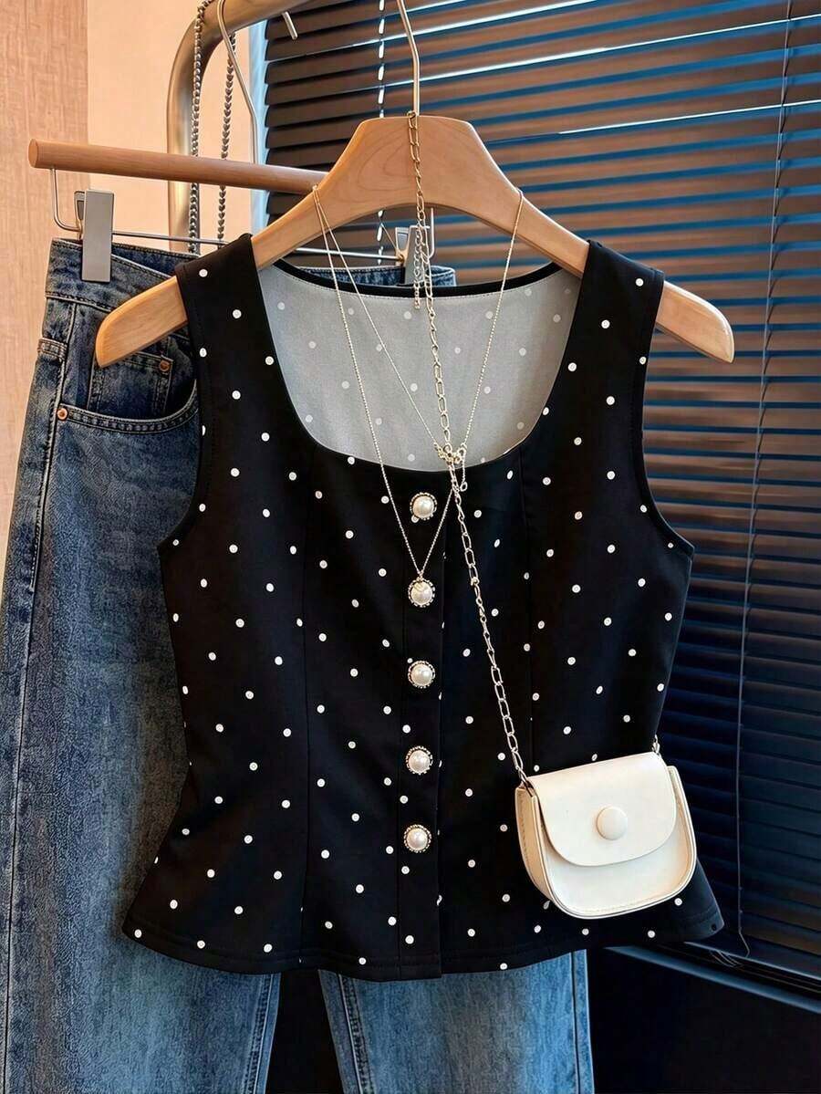 Top de verano elegante y vintage para mujer con decoración de lunares y perlas - Negro - Ver 1