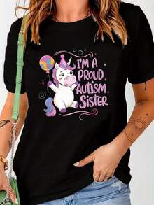 One Piece, Classic And Versatile, Pure Cotton Short-Sleeved T-Shirt, Suitable For Any Season, With A Unicorn I'm A Proud Sister Print And Modern Style - Black - View 1