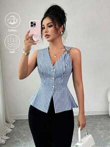 Nueva llegada Blusa de verano minimalista y elegante para mujer con diseño de hebilla de metal, cuello en V sin mangas y cintura ceñida a rayas de algodón cómodo - Azul y blanco - Ver 2