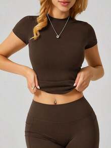 1 pieza Camiseta deportiva de manga corta de ajuste ceñido y minimalista para mujer, ideal para el verano - Café integral - Ver 5