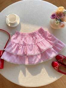 Falda pantalón para mujeres para conciertos campestres, blanca, de tejido, con cintura elástica y volantes en el bajo con silueta evasé - Rosa - Ver 2