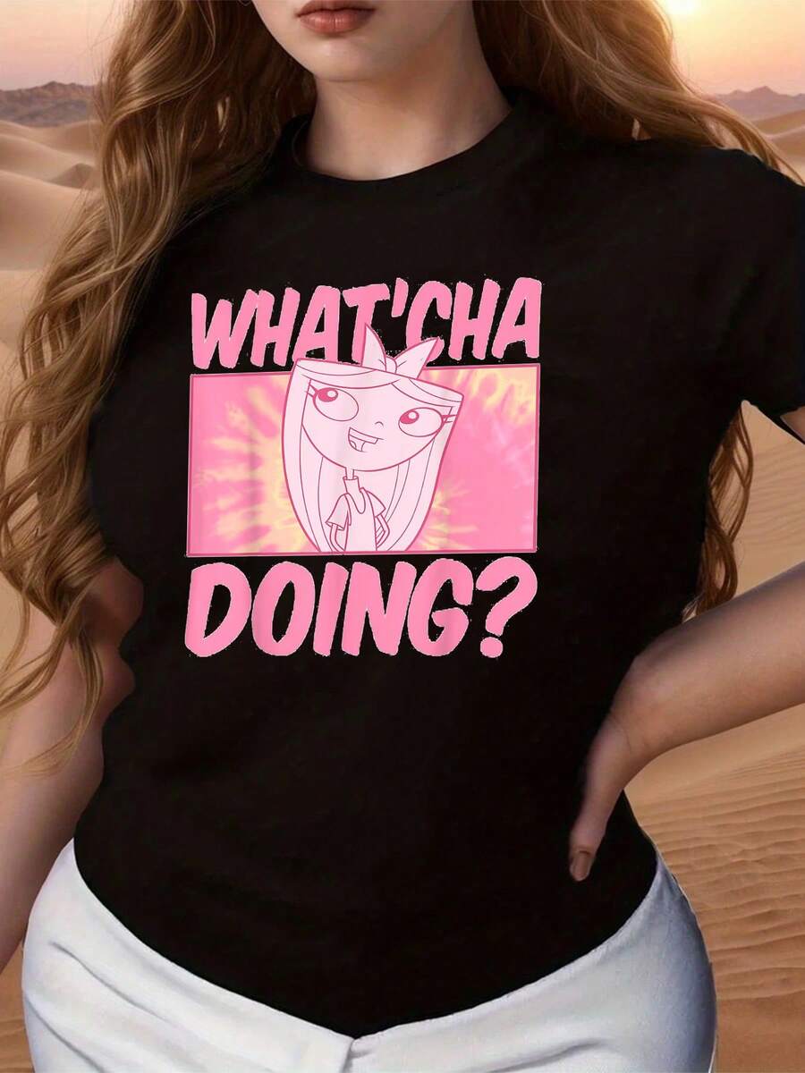 Fun Graphic With A Smiling Female Cartoon Character And The Text WHAT'CHA DOING Conveys Curiosity And Youthful Energy. Comfortable Casual Women's T-Shirt For Everyday Wear And Relaxed Moments. - 黑色 - 查看 1