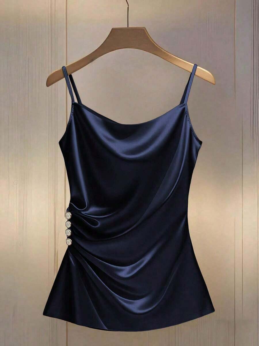 Camiseta ajustada con escote pronunciado y decoración de botones fruncidos en los laterales, de moda para mujeres - azul real 2 - Ver 1