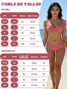 2 piezas traje de baño bikini para mujer,  traje de baño con aros y tirantes ajustables, braga tiro alto estampado floral ditsy fucsia, conjunto sexy moderno para playa vacaciones verano - Rojo - Ver 10