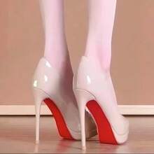 Spring And Summer Height-Enhancing Black High-Heeled Shoes With Red Soles, New Fashion Style, Patent Leather Pointed Toe Professional Shoes - 裸色紅底11厘米 - 查看 2