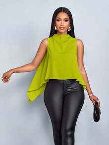 Blusa sin mangas de unicolor elegante con dobladillo asimétrico para mujer, ideal para vacaciones de primavera y verano - Verde - Ver 3