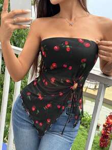 Top asimétrico sin tirantes con nudo frontal y estampado de cerezas para el verano - Negro - Ver 5