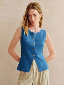 Knit Blouse – Round Neck, Front Buttons – Elegant And Minimalist Design – Perfect For Everyday Wear - 藍綠色的水 - 查看 5