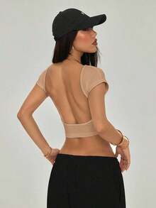 Camiseta negra con espalda abierta, adecuada para talla pequeña, para verano - Caqui - Ver 8
