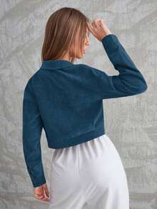 Women's Plain Drop Shoulder Long Sleeve Single Breasted Cargo Pockets Casual Jacket Fall Winter Cloth For Women - Teal Blue - View 2