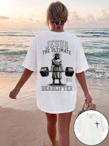 Camiseta gráfica estampada creativa para mujer, estilo vintage religioso, ropa urbana de corte holgado con cuello redondo, top casual retro Y2K cómodo con hombros caídos, perfecta para uso diario, servicio religioso, salidas de fin de semana, vacaciones y reuniones informales, regalo cristiano ideal para creyentes, ropa de moda diaria inspirada en la fe. IMZZ - Blanco - Ver 8