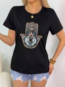 Women's Lightweight Bohemian T-Shirt - Eye-Catching Palm Illustration, Casual Short Sleeve Top, Artistic Boho Chic Tee - 黑色 - 查看 3