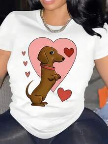Camiseta con Estampado de Dachshund, Corazón Rosa, para Amantes de Perros, Camiseta Casual de Algodón Suave para Mujeres y Niñas, Regalo para Dueñas de Mascotas - Blanco - Ver 7