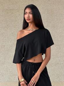 Top corto asimétrico de mujer con cuello blanco y flecos, camiseta de manga corta de moda versátil Y2K oversize y sexy, para primavera/verano - Negro 2 - Ver 4
