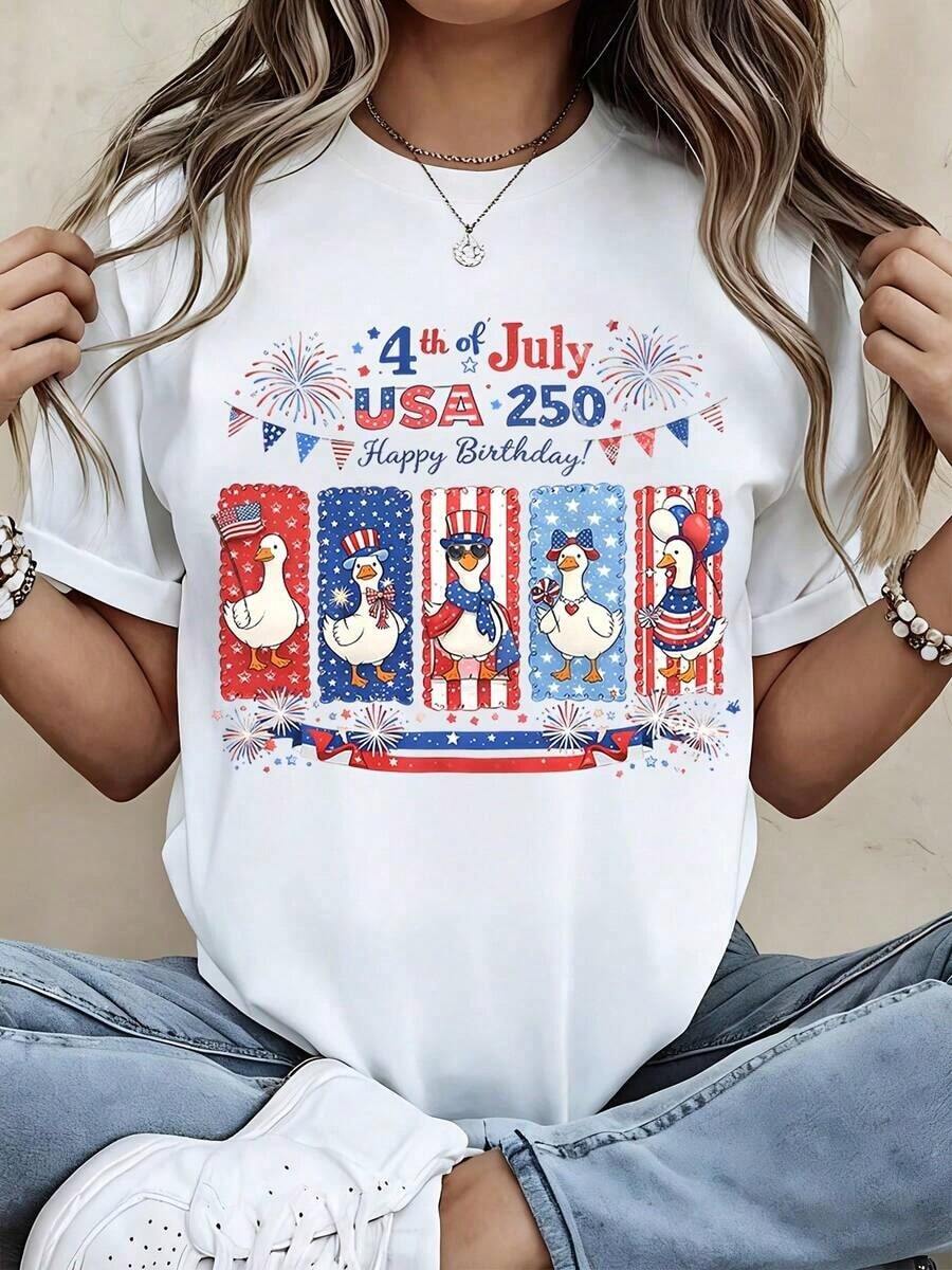 1 Piece Women's Crew Neck T-Shirt With Patriotic Duck Print, July 4th, USA 250, Happy Birthday, Short Sleeve, Independence Day Celebration, Casual Wear, 180g, 100% Cotton - 白色 - 查看 1